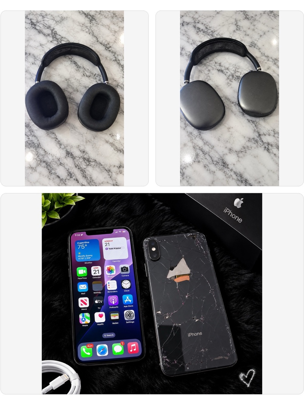 Apple Black Over-Ear Headphones with Black iPhone (Screen On, Cracked Back)